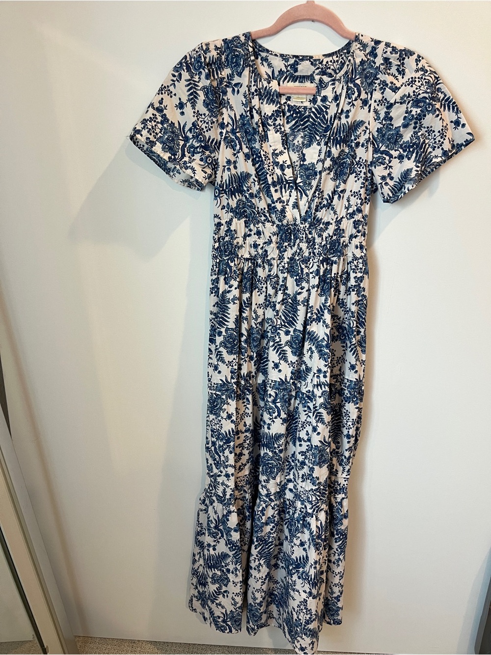Anthropologie Maeve Blue White Floral V-neck Somerset Cotton Dress XS Petite